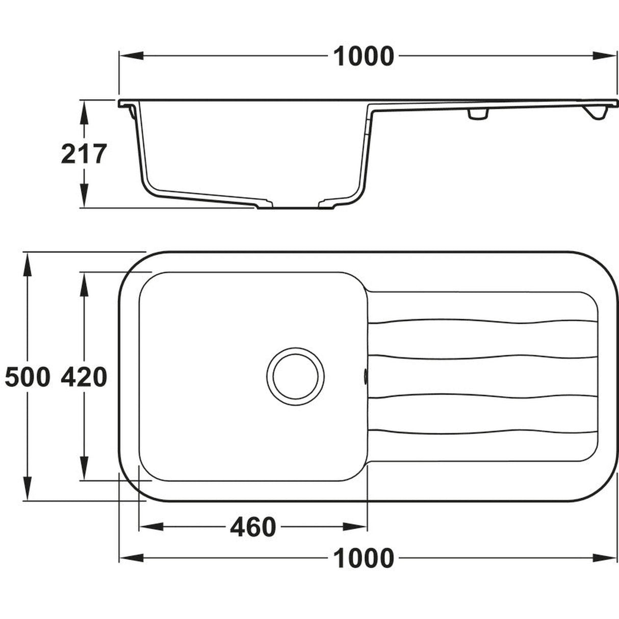 Technical Drawing with Dimensions for Abode Dune Inset mount Single Bowl Kitchen Sink For 600mm Cabinet in Composite