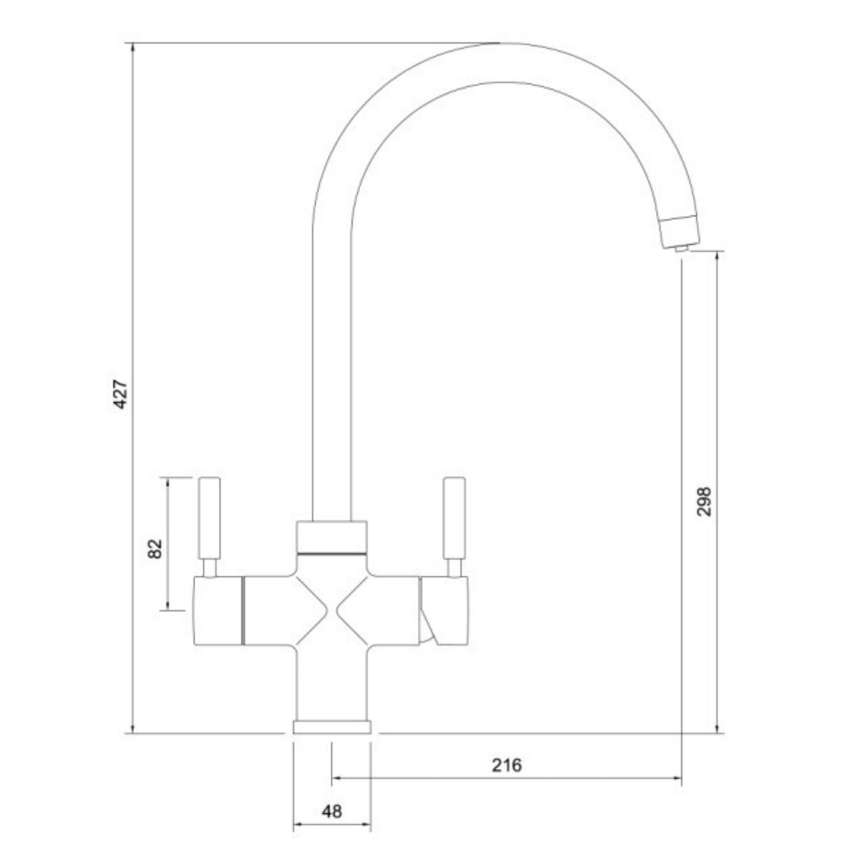 Technical Drawing with Dimensions for Pronteau ProStream C-Spout 2.1 litres 3-in-1 Filter Tap