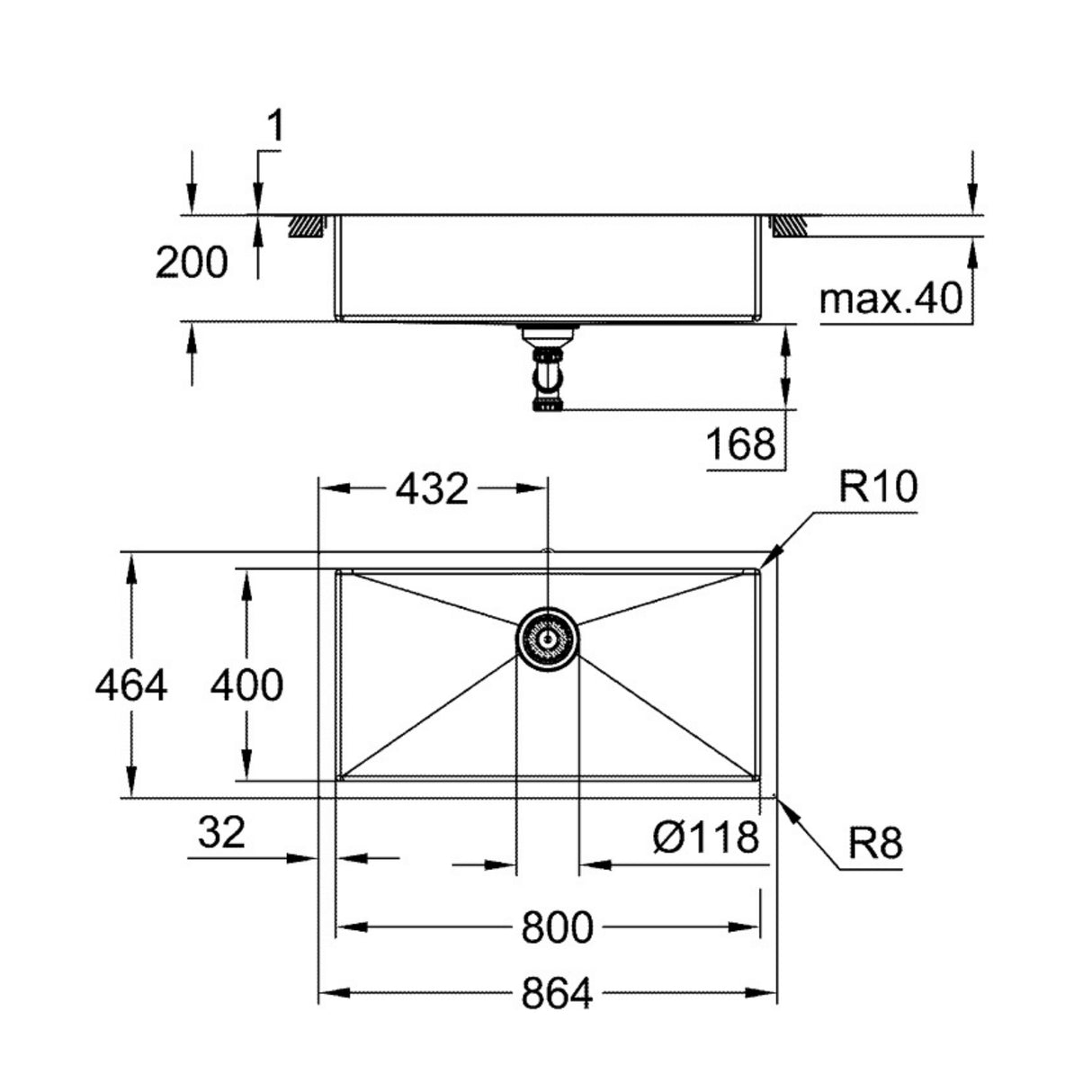 Technical drawing with dimensions for Grohe K700 Flush Mount Inset Mount Single Bowl Kitchen Sink for 900mm Cabinet in Stainless Steel Satin