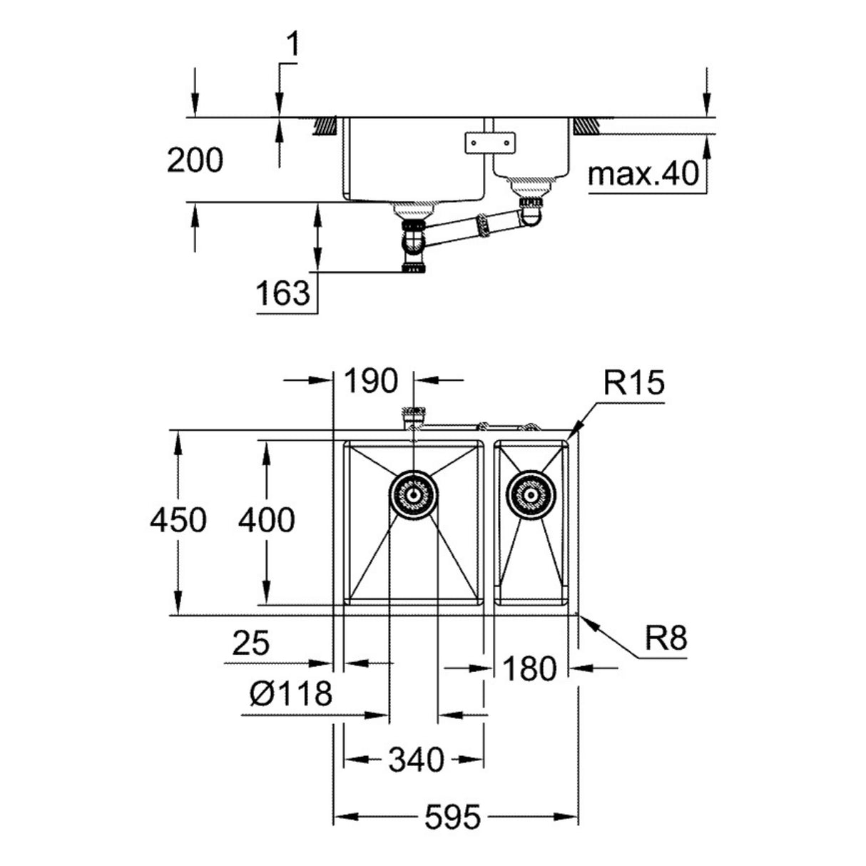 Technical drawing with dimensions for Grohe K700 Undermount One and Half Bowl Kitchen Sink For 600mm Cabinet in Stainless Steel Right