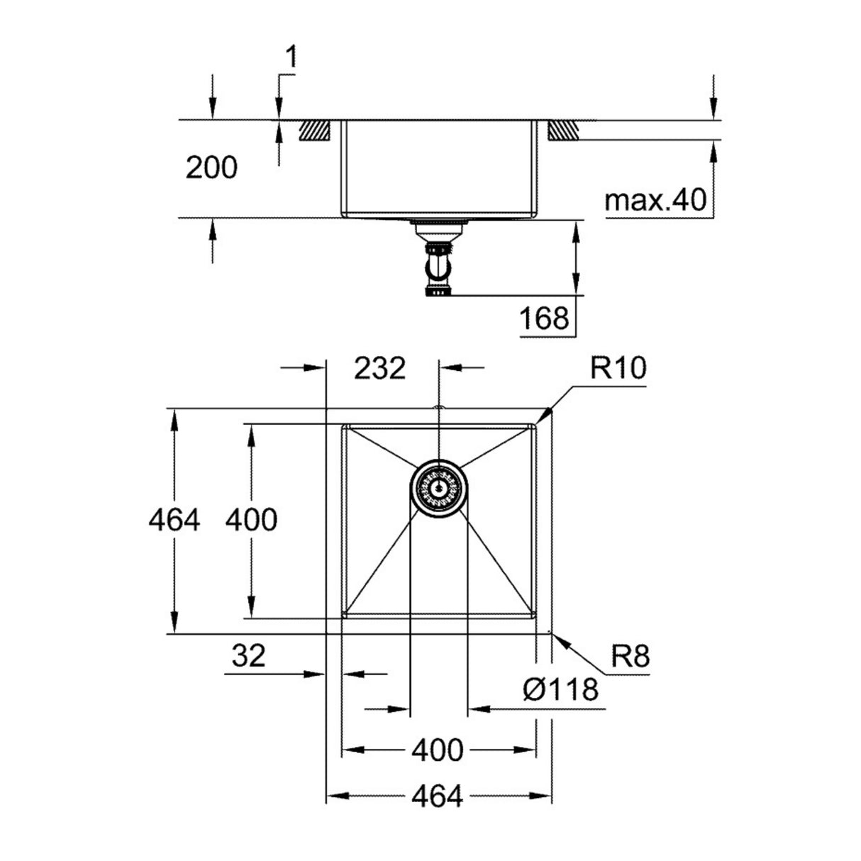 Technical drawing with dimensions for Grohe K700 Flush Mount, Inset Mount Single Bowl Kitchen Sink for 500mm Cabinet in Stainless Steel Satin