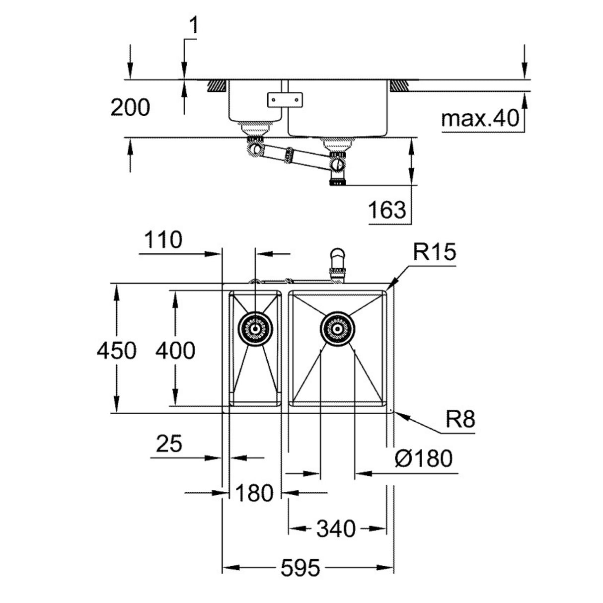 Technical drawing with dimensions for Grohe K700 Undermount One and Half Bowl Kitchen Sink For 600mm Cabinet in Stainless Steel Left