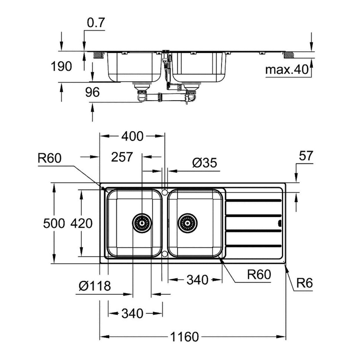 Technical drawing with dimensions for Grohe K500 Inset Mount Single Bowl Kitchen Sink for 800mm Cabinet in Stainless Steel Satin