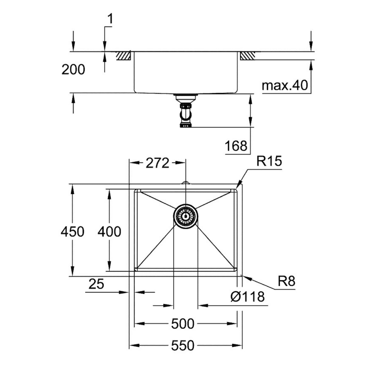 Technical drawing with dimensions for Grohe K700 Under Mount Single Bowl Kitchen Sink for 600mm Cabinet in Stainless Steel Satin