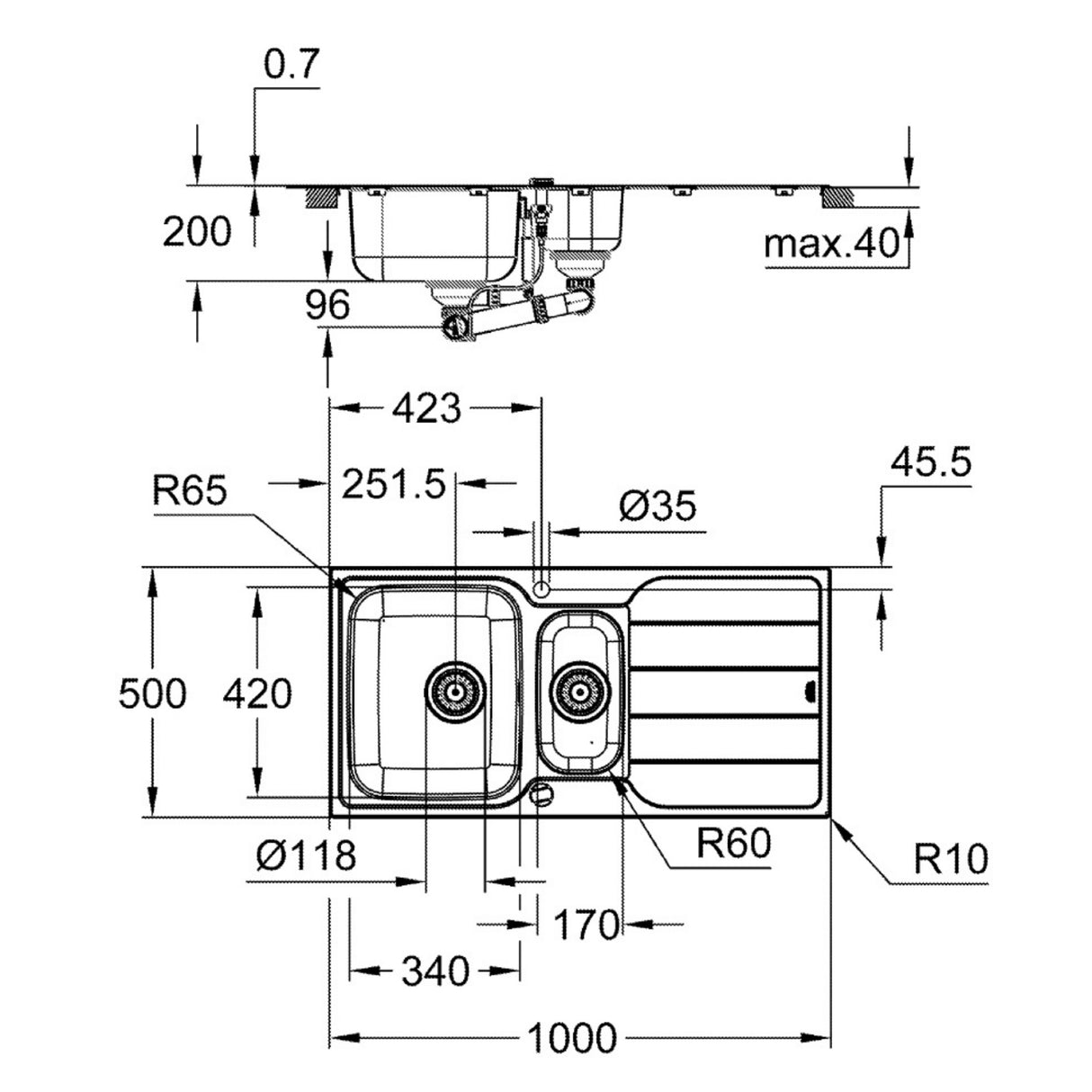 Technical drawing with dimensions for Grohe K500 Inset Mount One and Half Bowl Kitchen Sink for 600mm Cabinet in Stainless Steel Satin