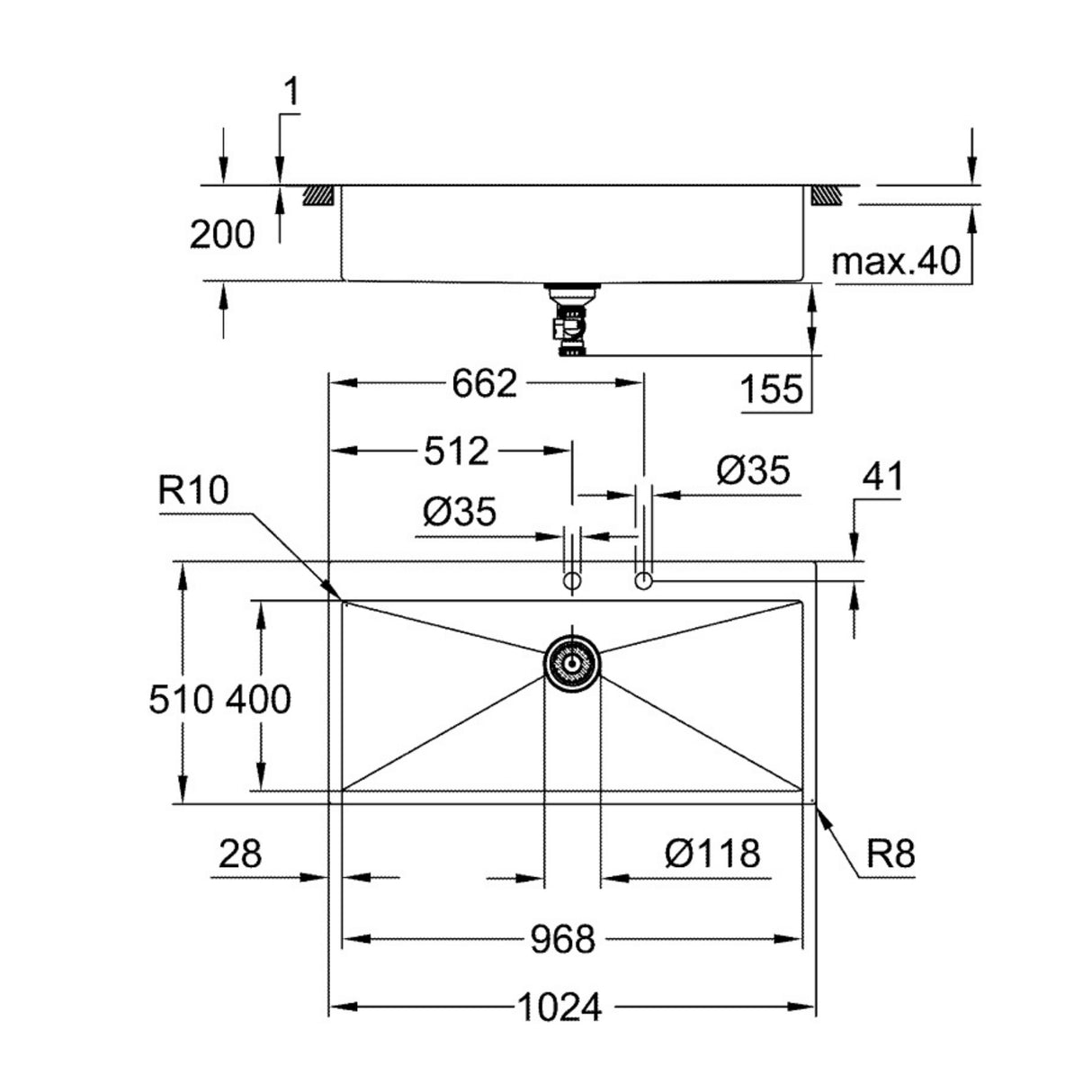 Technical drawing with dimensions for Grohe K800 Flush Mount Inset Mount Single Bowl Kitchen Sink for 1,200mm Cabinet in Stainless Steel Satin