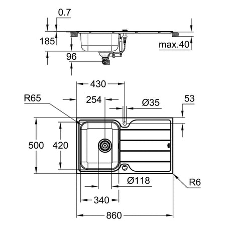 Technical drawing with dimensions for Grohe K500 Inset Mount Single Bowl Kitchen Sink for 450mm Cabinet in Stainless Steel Satin