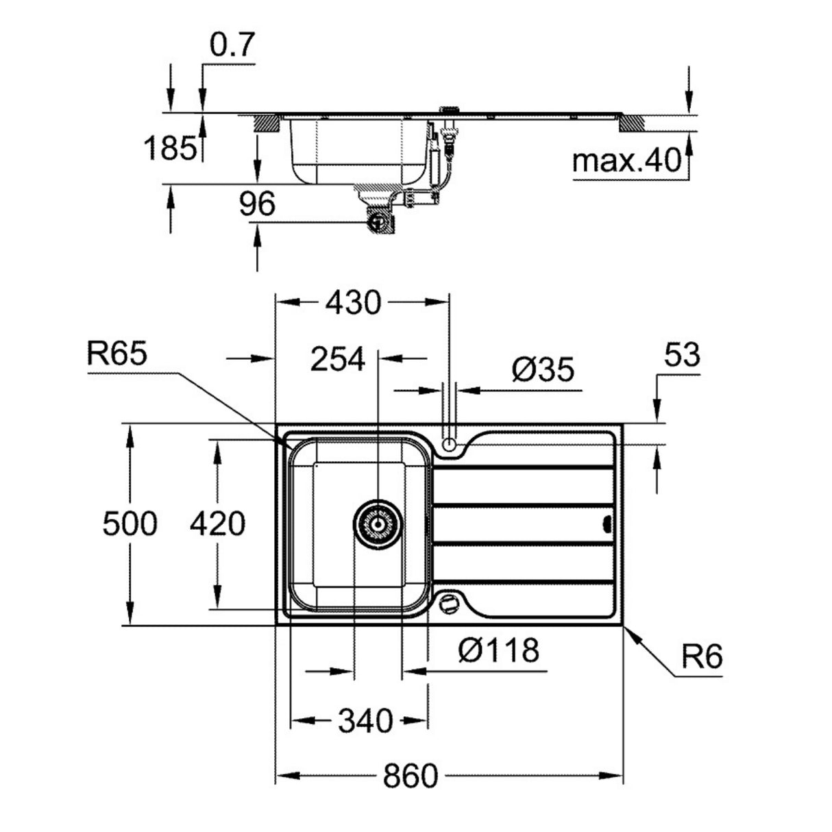 Technical drawing with dimensions for Grohe K500 Inset Mount Single Bowl Kitchen Sink for 450mm Cabinet in Stainless Steel Satin