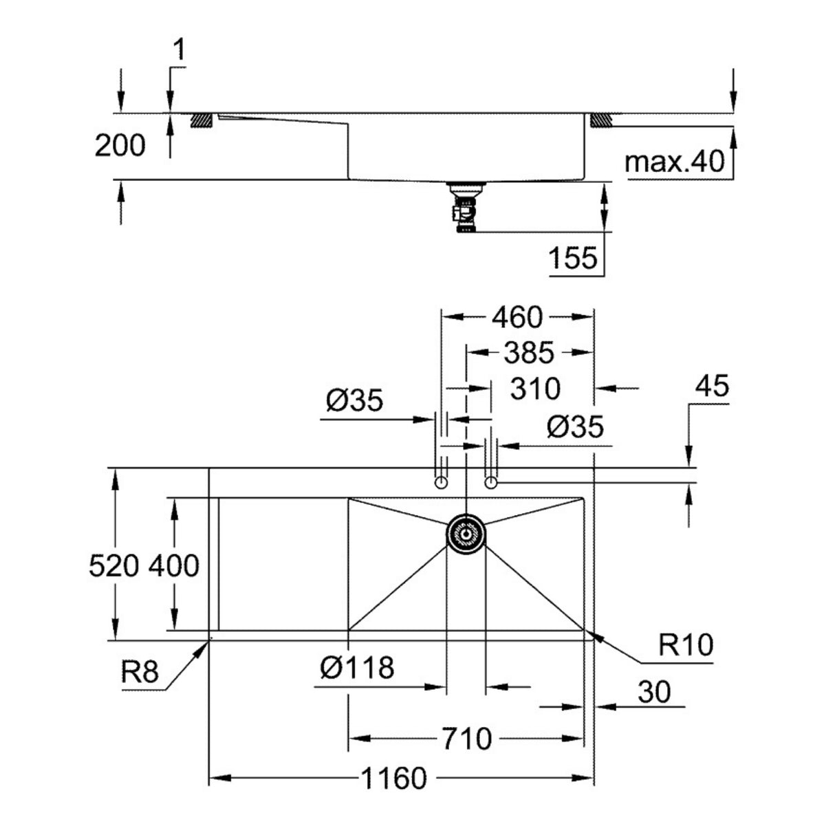 Technical drawing with dimensions for Grohe K1000 Flush Mount, Inset Mount Single Bowl Kitchen Sink For 800mm Cabinet in Stainless Steel Satin Left