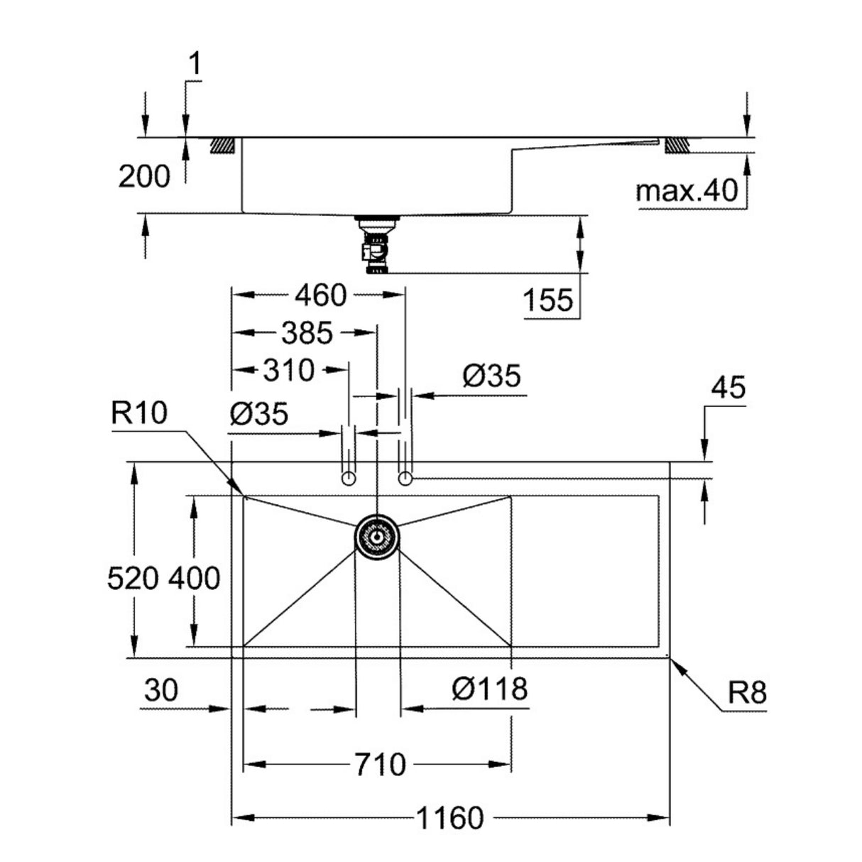 Technical drawing with dimensions for Grohe K1000 Flush Mount, Inset Mount Single Bowl Kitchen Sink For 800mm Cabinet in Stainless Steel Satin Right