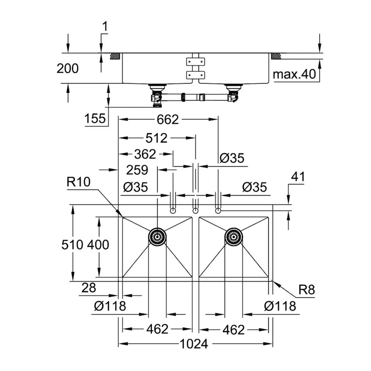 Technical drawing with dimensions for Grohe K800 Flush Mount Inset mount Double Bowl Kitchen Sink for 1,200mm Cabinet In Stainless Steel Satin