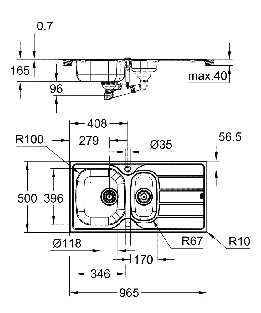 Technical drawing with dimensions for Grohe K200 Inset Mount One and Half Bowl Kitchen Sink for 600mm Cabinet in Stainless Steel Satin