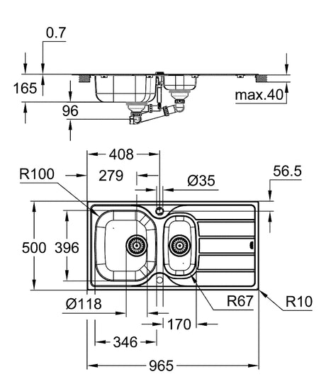 Technical drawing with dimensions for Grohe K200 Inset Mount One and Half Bowl Kitchen Sink for 600mm Cabinet in Stainless Steel Satin