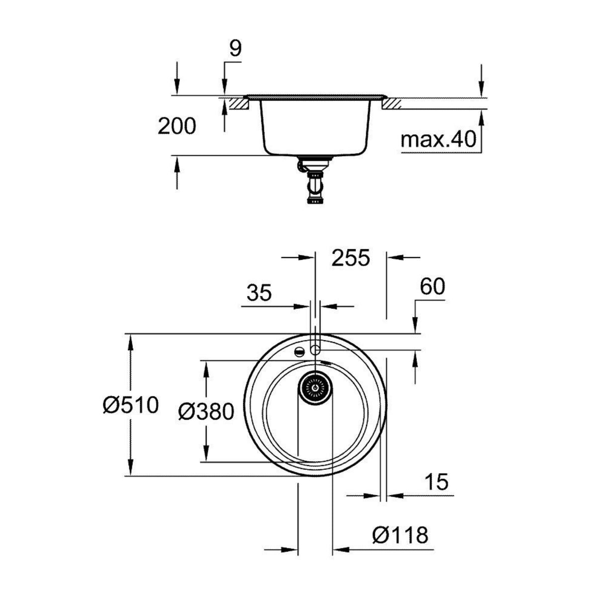 Technical drawing with dimensions for the Grohe K200 Inset Mount Single Bowl, Quartz Composite Kitchen Sink For 500mm Cabinet in Stainless Steel Black