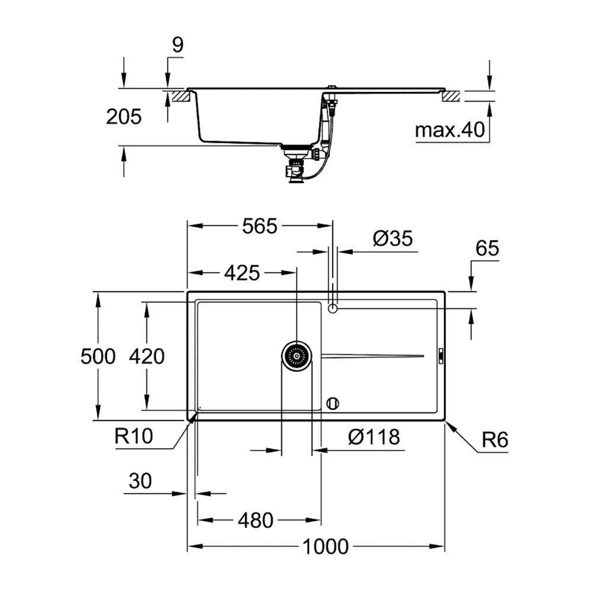 Technical Drawing with Dimensions for Grohe K400 Inset Mount Single Bowl Kitchen Sink For 600mm Cabinet In Stainless Steel Black