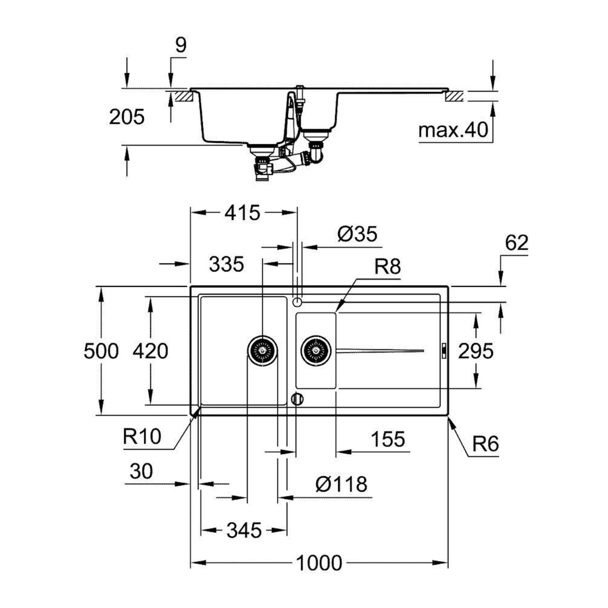 Technical drawing with dimensions for Grohe K400 Inset Mount One and Half Bowl Quartz Composite Kitchen Sink for 600mm Cabinet in Stainless Steel Black