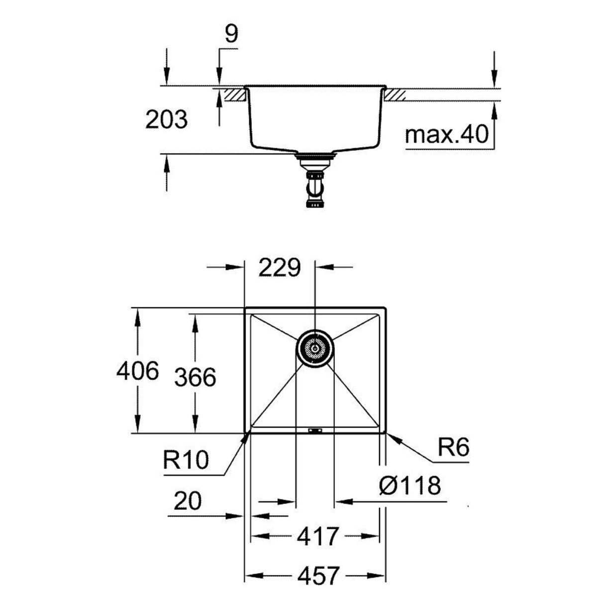 Technical drawing with dimensions for Grohe K700 Undermount, Inset Mount Single Bowl with Quartz Composite Kitchen Sink For 50mm Cabinet in Stainless Steel Black