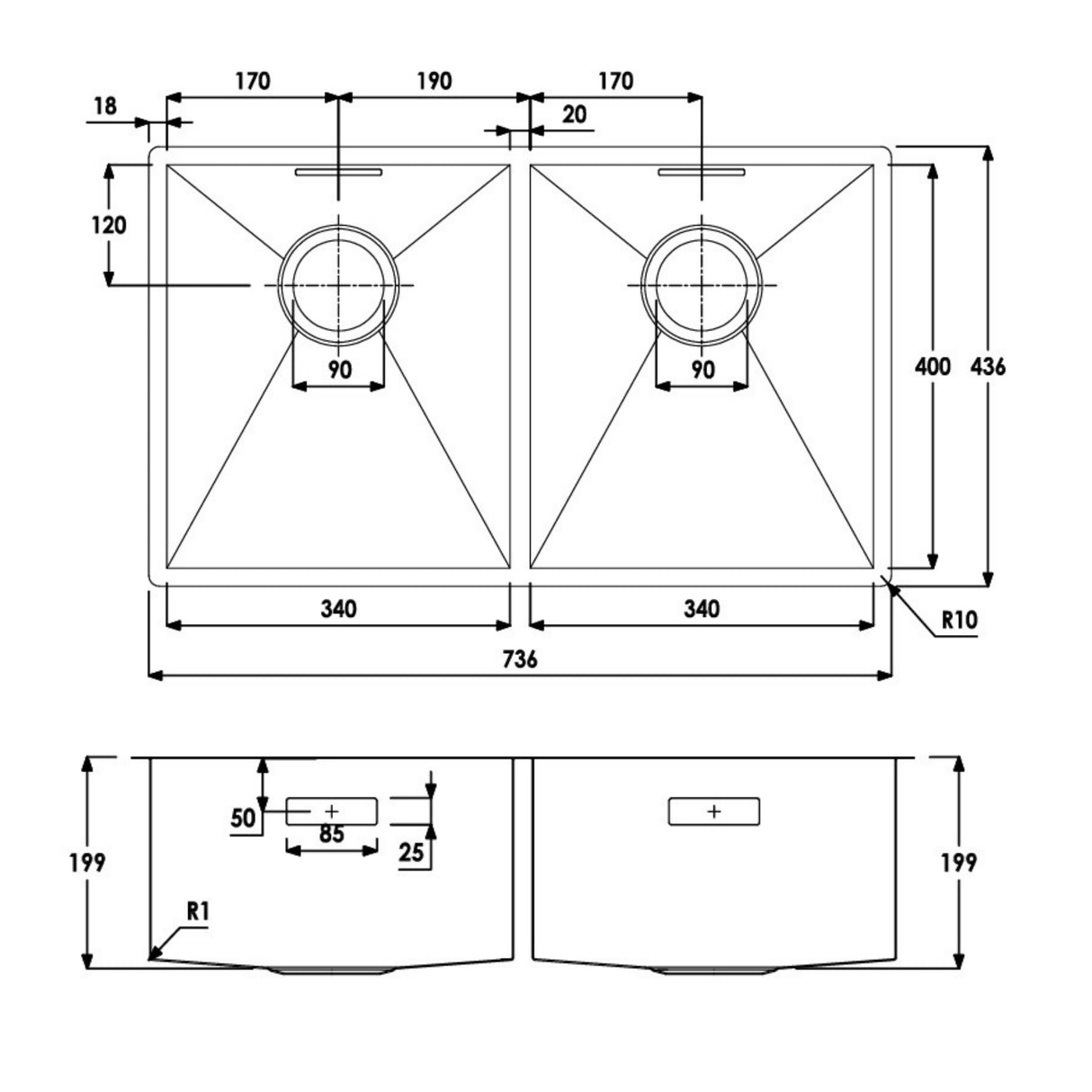 Technical Drawing with Dimensions for Abode Matrix R0 Undermount Double Bowl Kitchen Sink For 800mm Cabinet in Stainless Steel Brushed