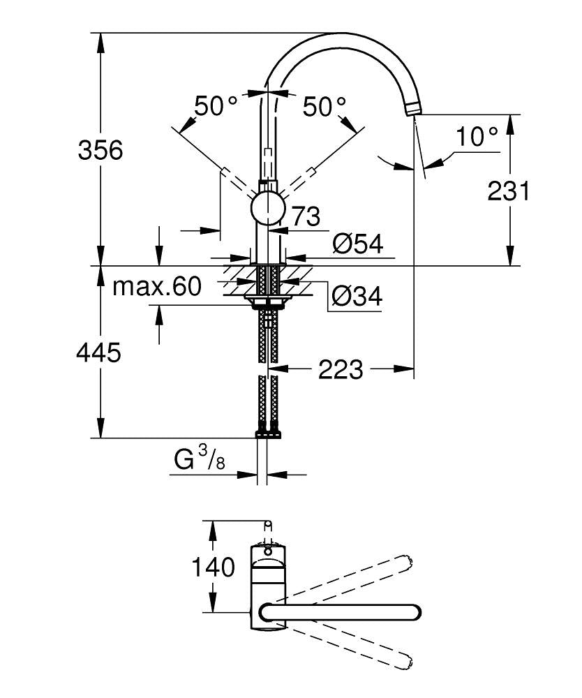Technical drawing with dimensions for Grohe Minta Contemporary C-Spout Mixer Tap with Single Lever Monobloc