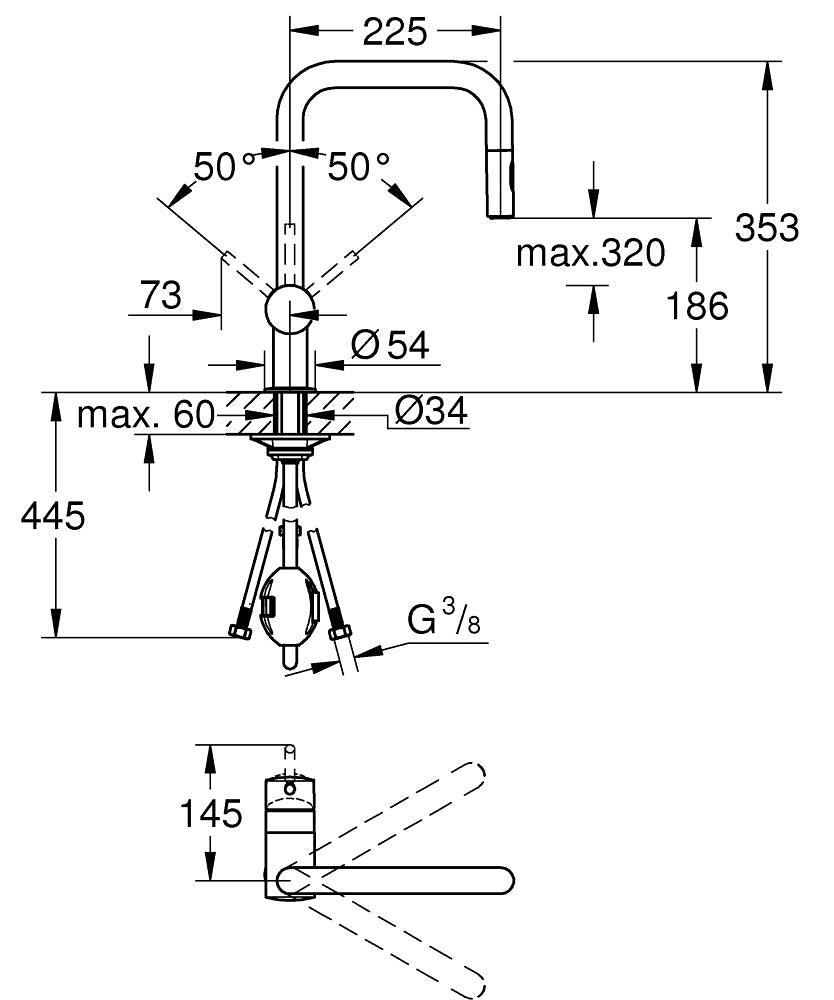 Technical drawing with dimensions for Grohe Minta Pull Out Spray U-Spout Tap with Single Lever Mixer in Polished Chrome