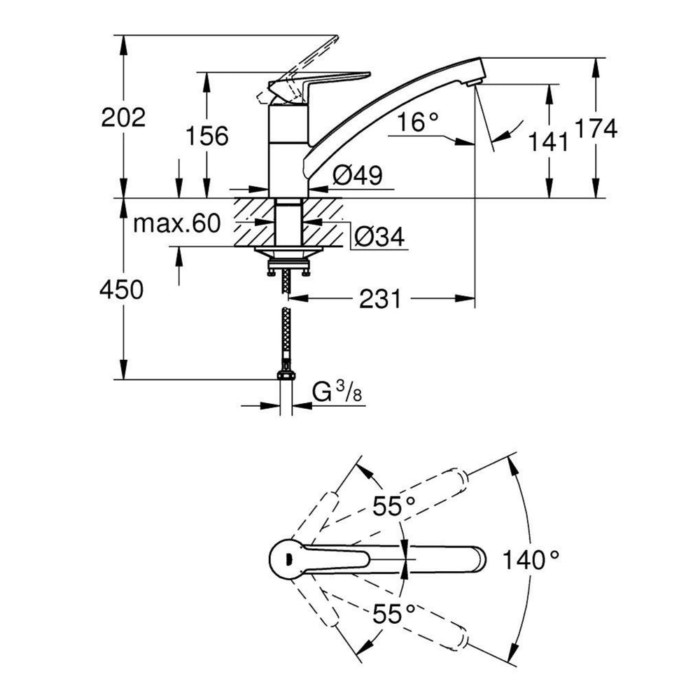Technical drawing with dimensions for Grohe BauEdge Low Spout Mixer Tap with Single Lever in Polished Chrome