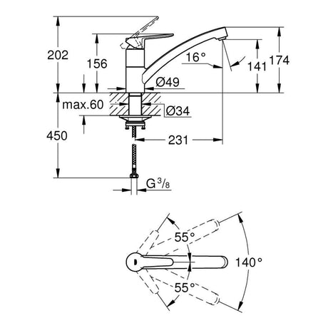 Technical drawing with dimensions for Grohe BauEdge Low Spout Mixer Tap with Single Lever in Polished Chrome