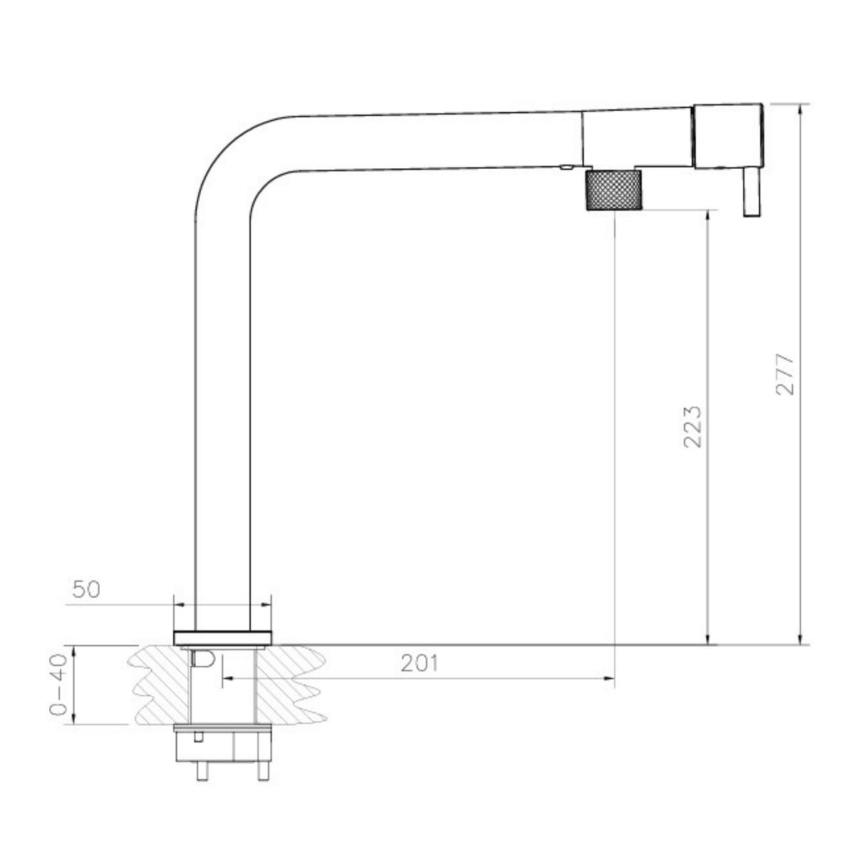 Technical Drawing with Dimensions for Abode Agilis L-Spout Tap With Single Lever