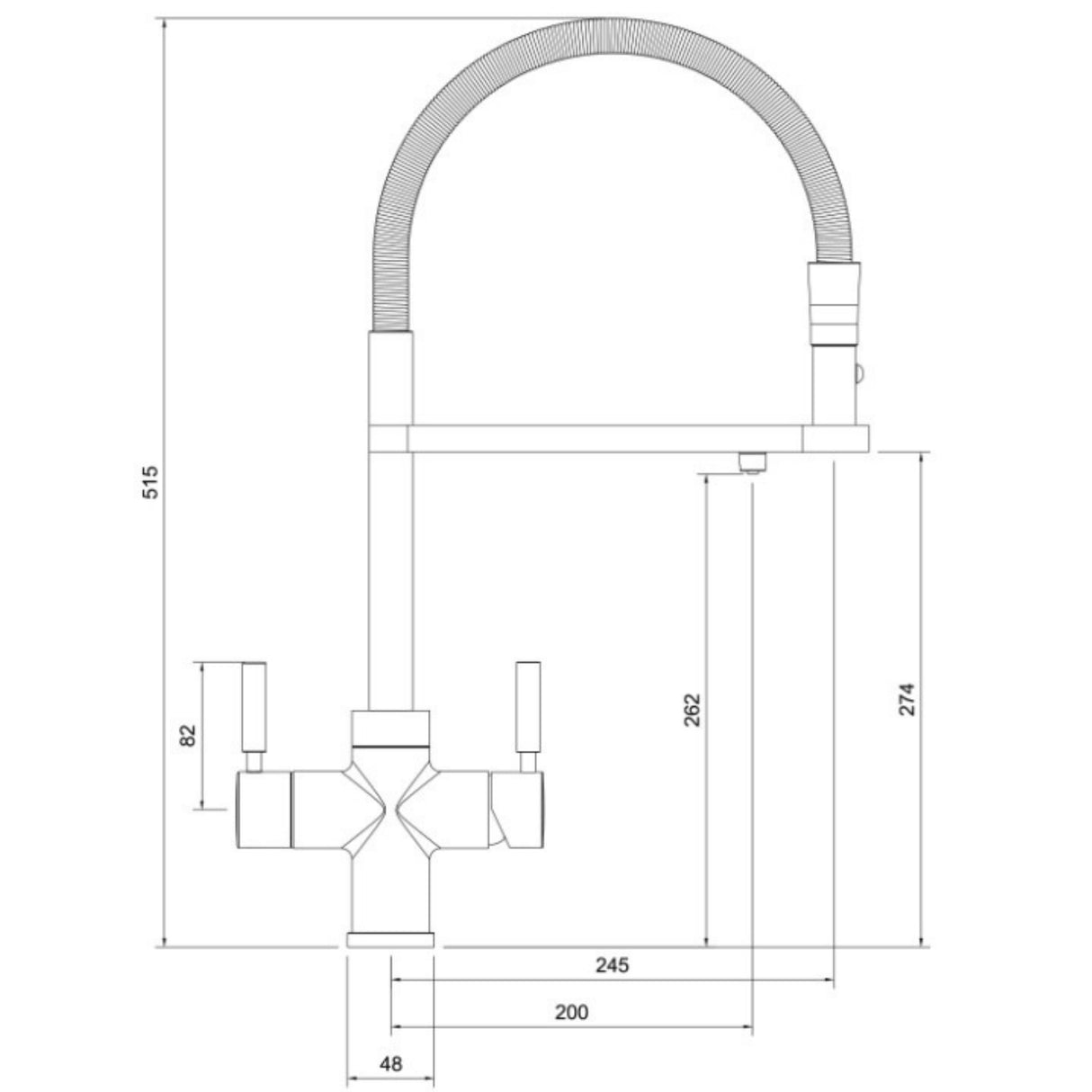 Technical Drawing with Dimensions for Pronteau Professional Pro-Spout 3in1 2.1 litres Filter Tap