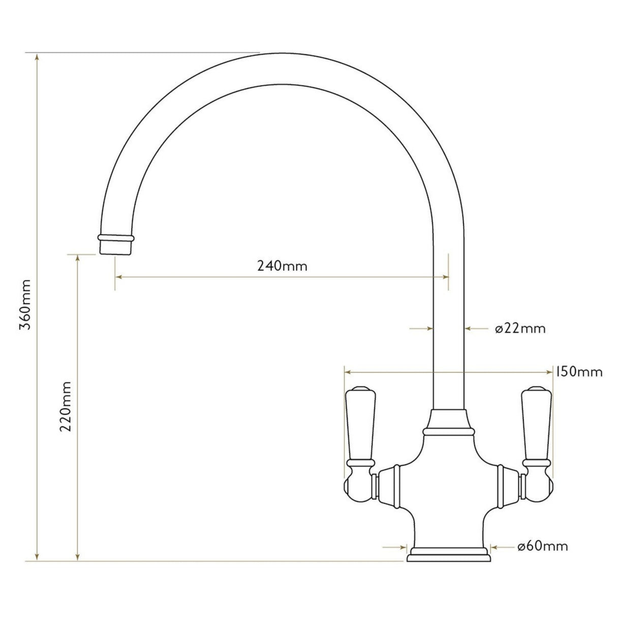 Technical Drawing with Dimensions for Bidbury & Co. Amesbury C-Spout Porcelain Handles Mixer Tap with Dual Lever