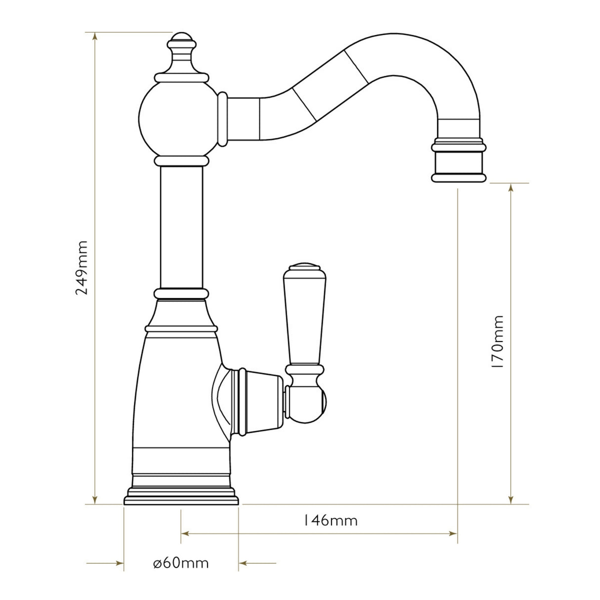 Technical Drawing with Dimensions for Bidbury & Co. StantonSPA Kitchen Mixer Tap with Single Lever Control