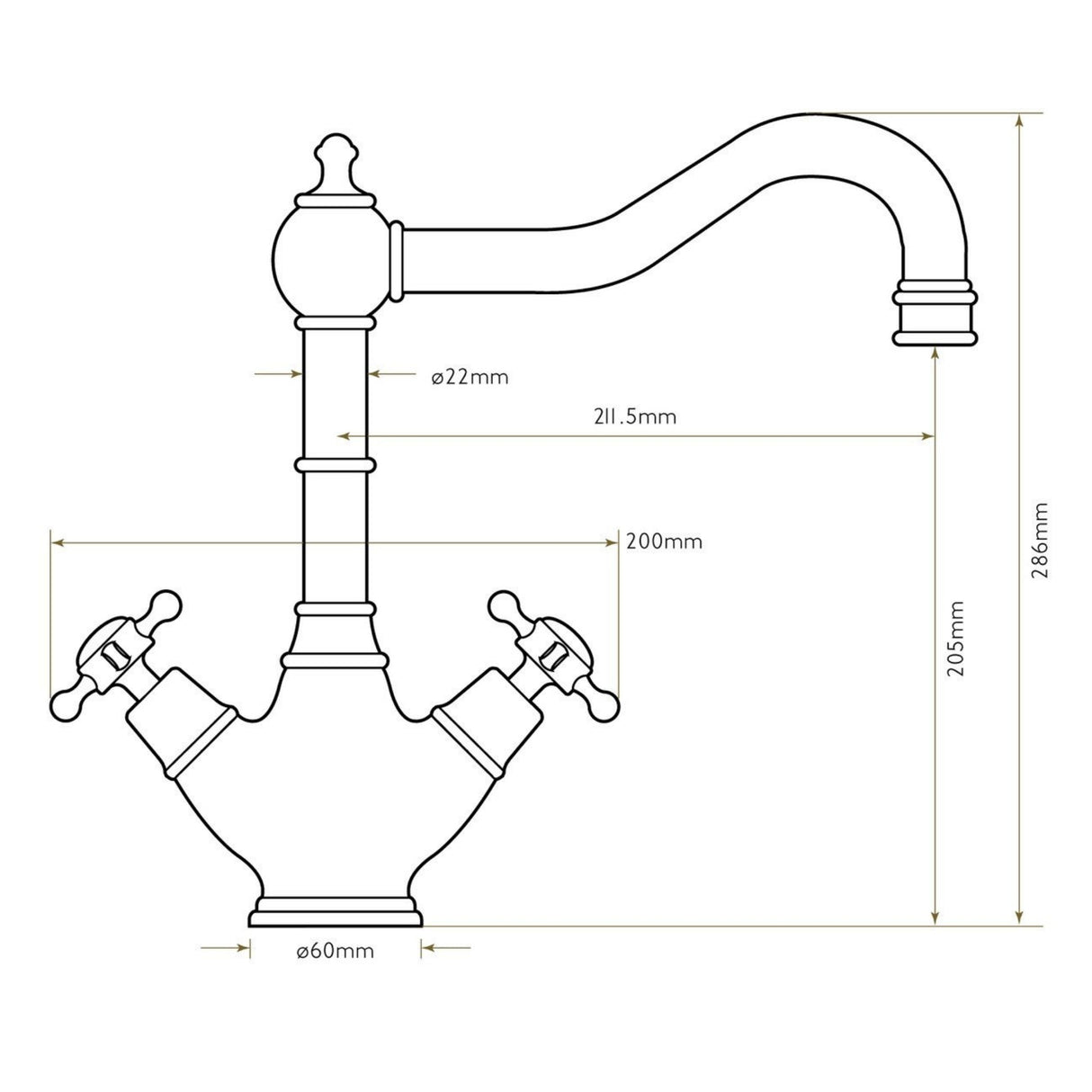 Technical Drawing with Dimensions for Bidbury & Co. Country Style Spout Crosshead Handles Mixer Tap with Dual Lever