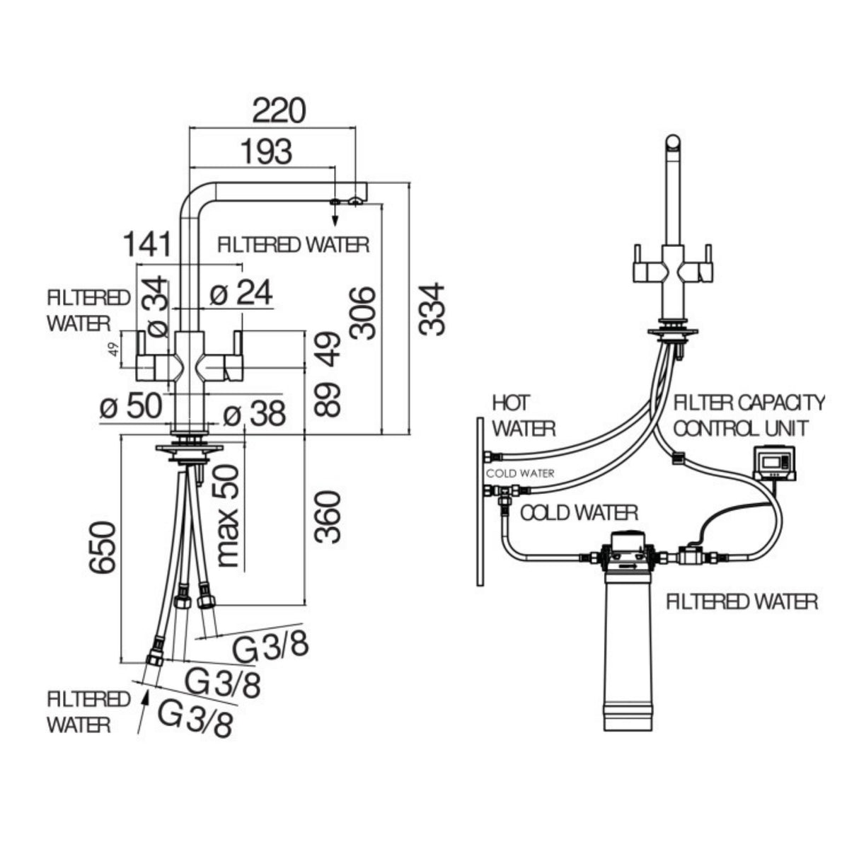 Technical Drawing with Dimensions for Nobili_L-Shape Kitchen Filter Tap