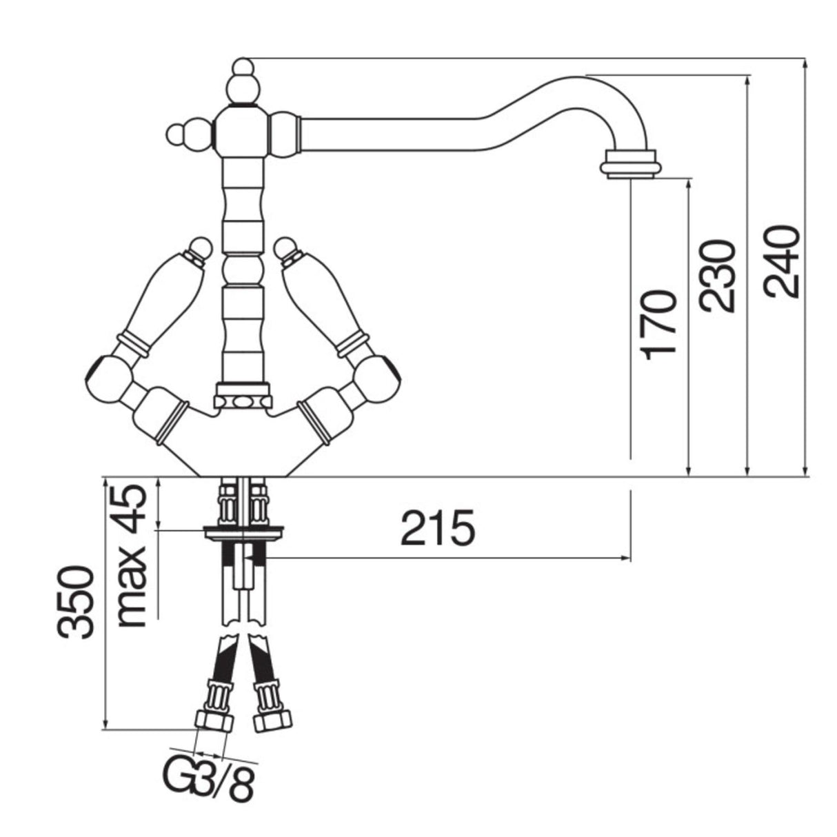 Technical Drawing with Dimensions for Nobili Antica P Spout Traditional Style Kitchen Tap