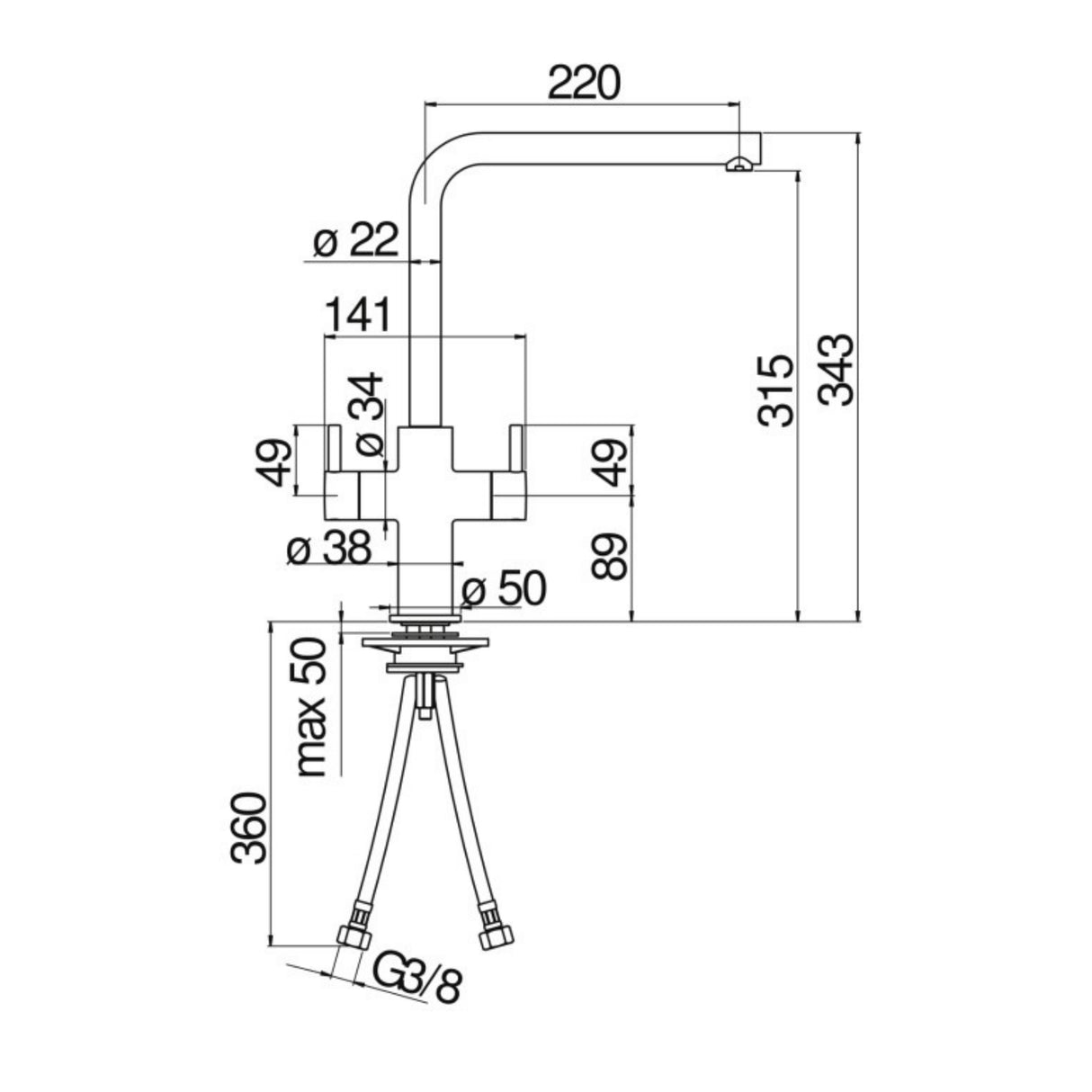 Technical Drawing with Dimensions for Nobili Aquerelli L Spout Kitchen Tap