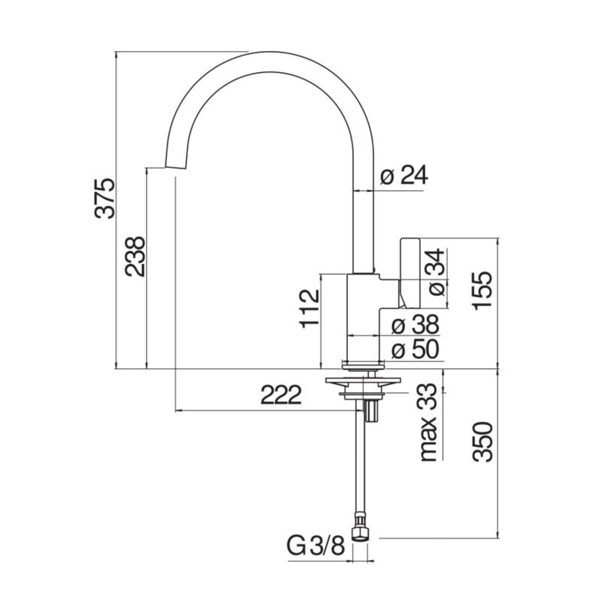 Technical Drawing with Dimensions for Nobili Flag J Spout Kitchen Tap