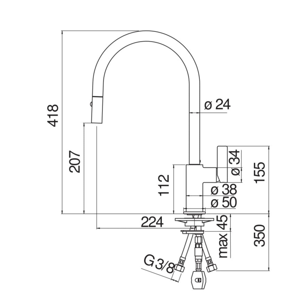 Technical Drawing with Dimensions for Nobili Flag J Pull-Out Spout Kitchen Tap