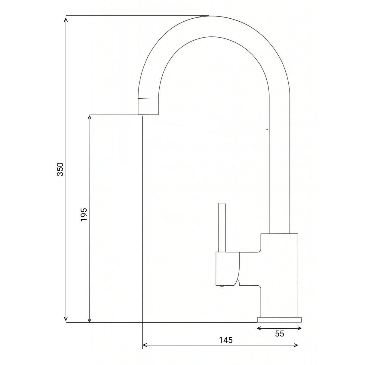 Technical Drawing with Dimensions for INTU Flair 3 in 1 Filtered Cold Water Kitchen Tap with Swan Neck