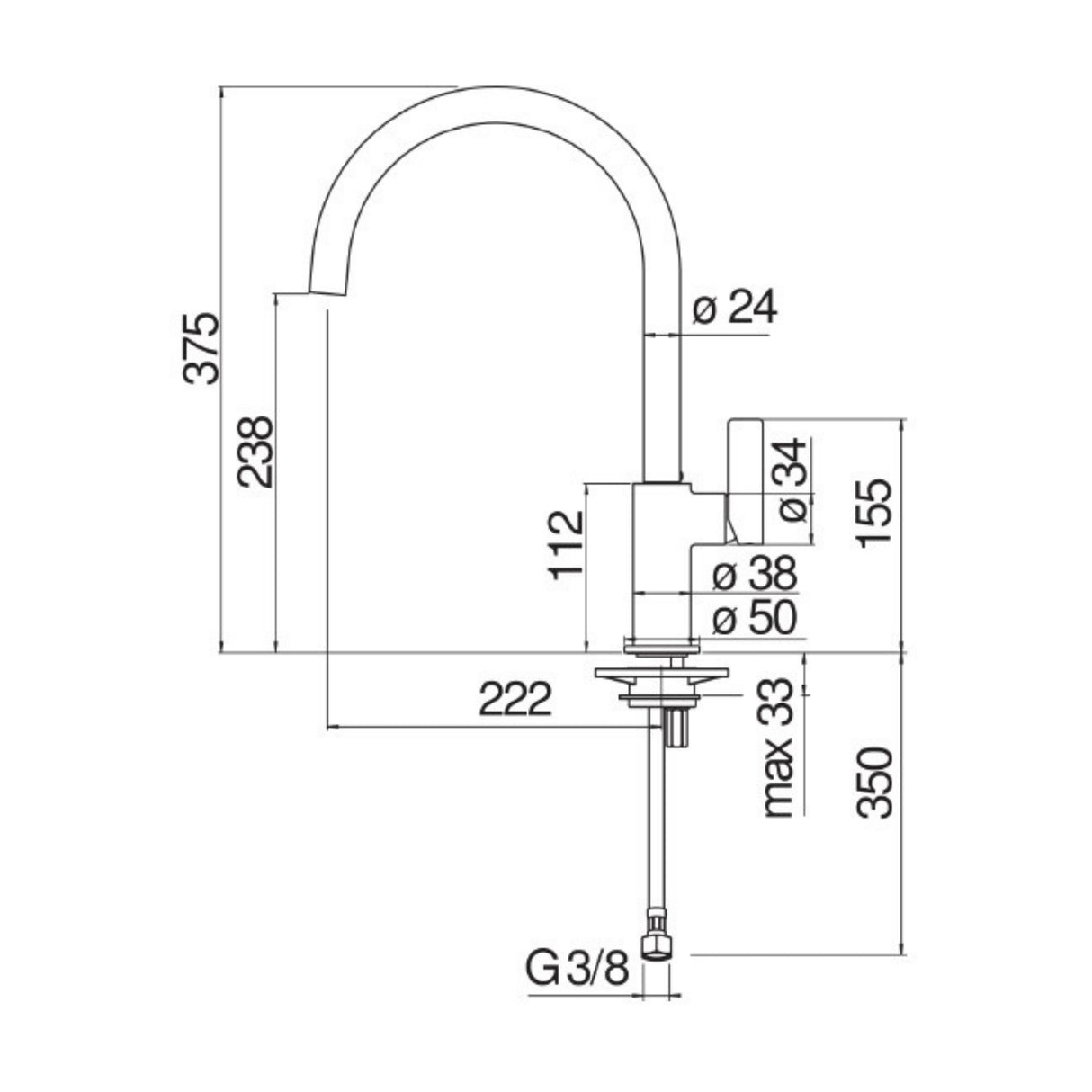 Technical Drawing with Dimensions for Nobili Flag J Spout Kitchen Mixer Tap
