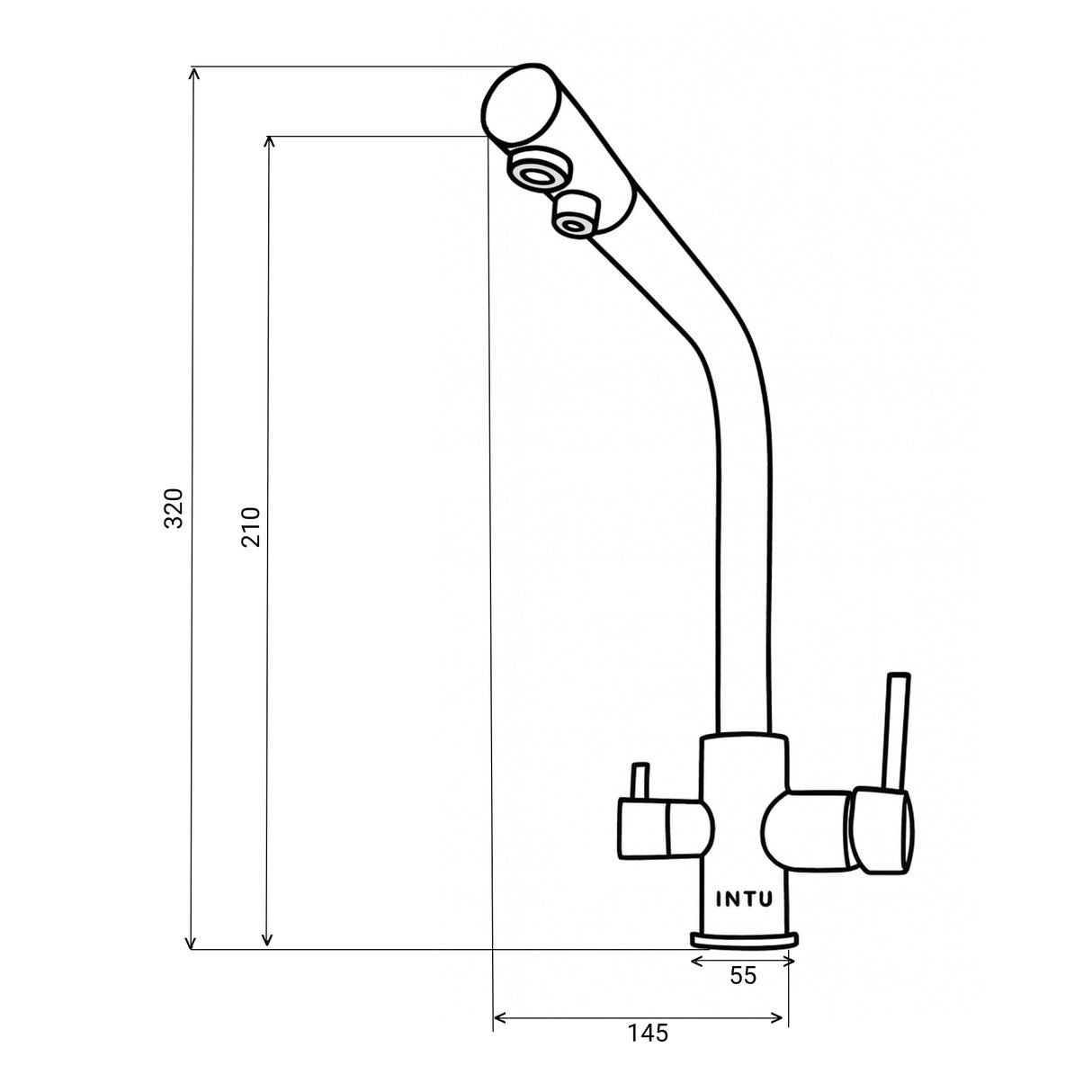 Technical Drawing with Dimensions for INTU Fusion 3 in 1 Filtered Cold Water Kitchen Tap With Square Neck