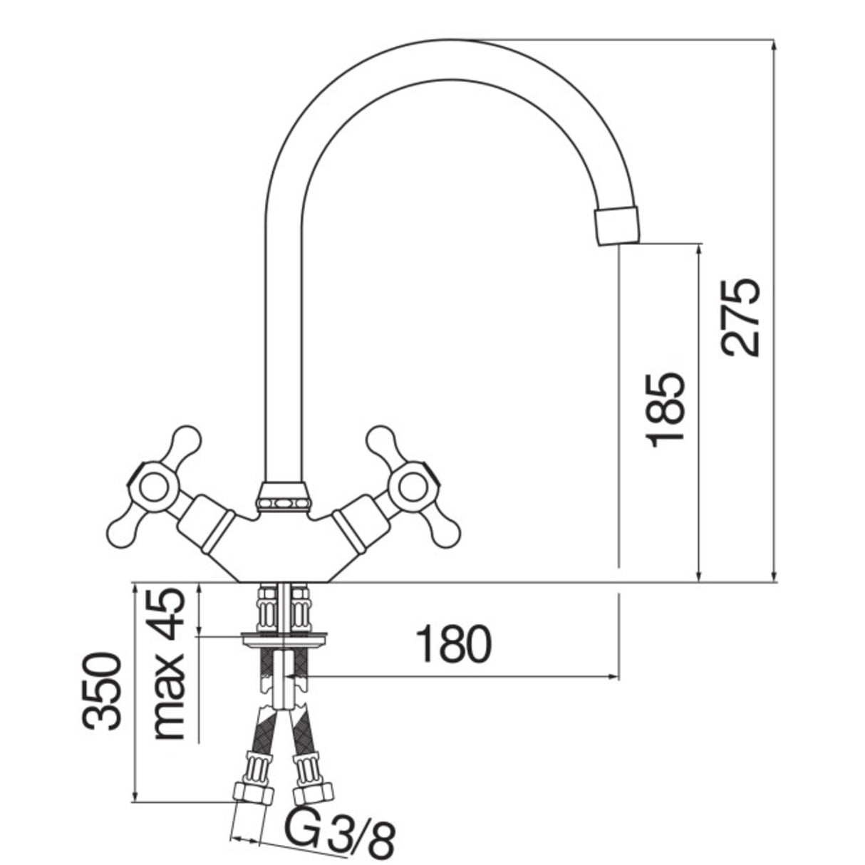 Technical Drawing with Dimensions for Nobili Grazia Traditional Style Kitchen Tap in Chrome