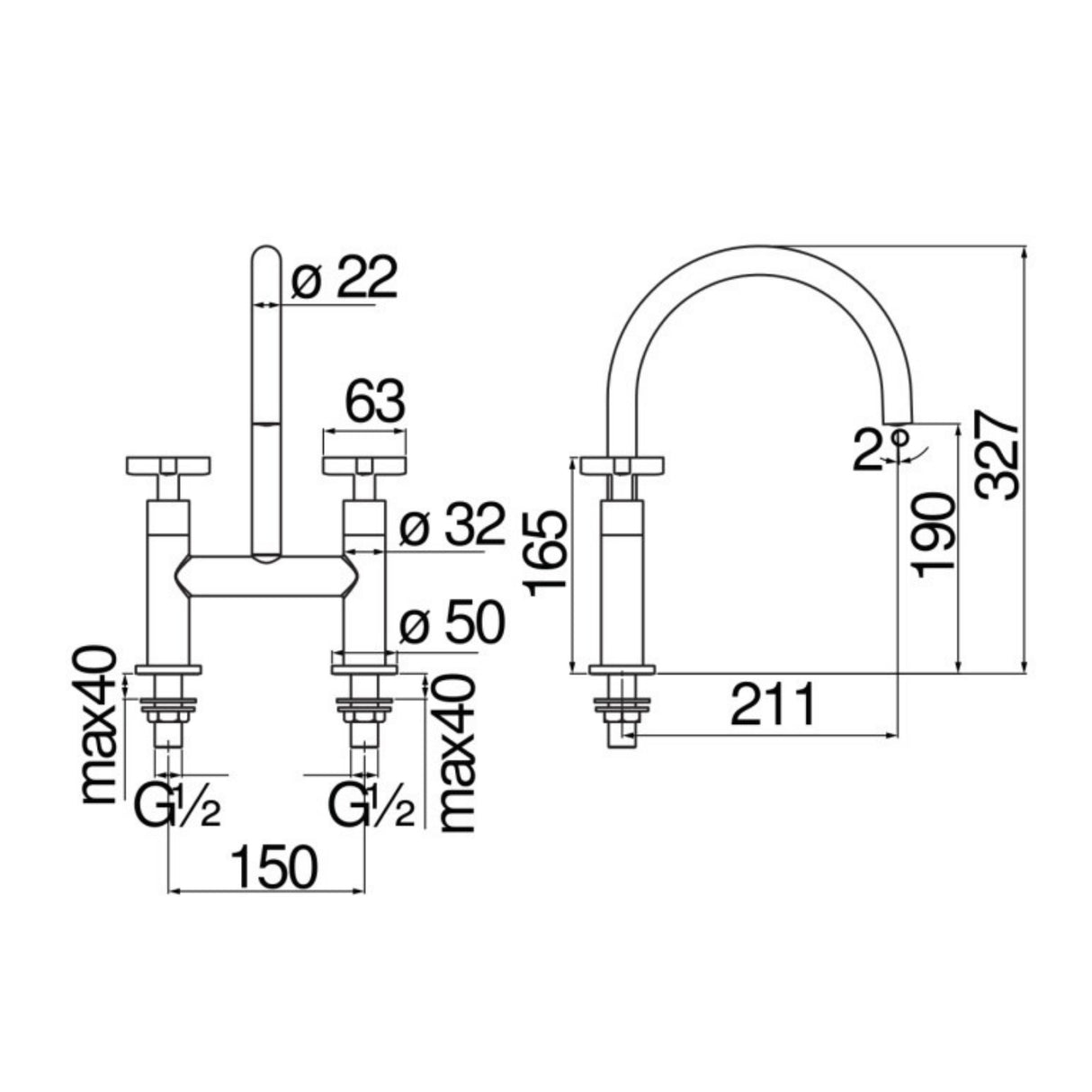 Technical Drawing with Dimensions for Nobili Lira Bridge Kitchen Tap in Chrome