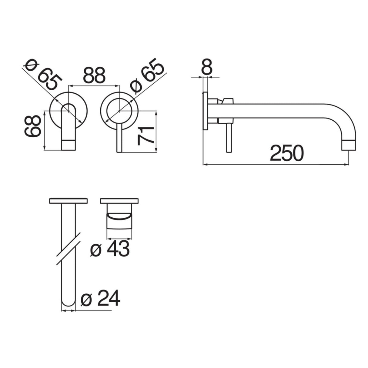Technical Drawing with Dimensions for Nobili Live Wall Mounted Contemporary Kitchen Tap
