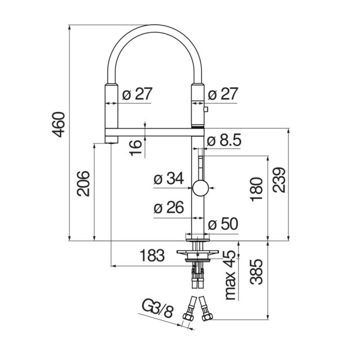 Technical Drawing with Dimensions for Nobili Move Semi-Pro Pull Out Kitchen Tap in Matt Black