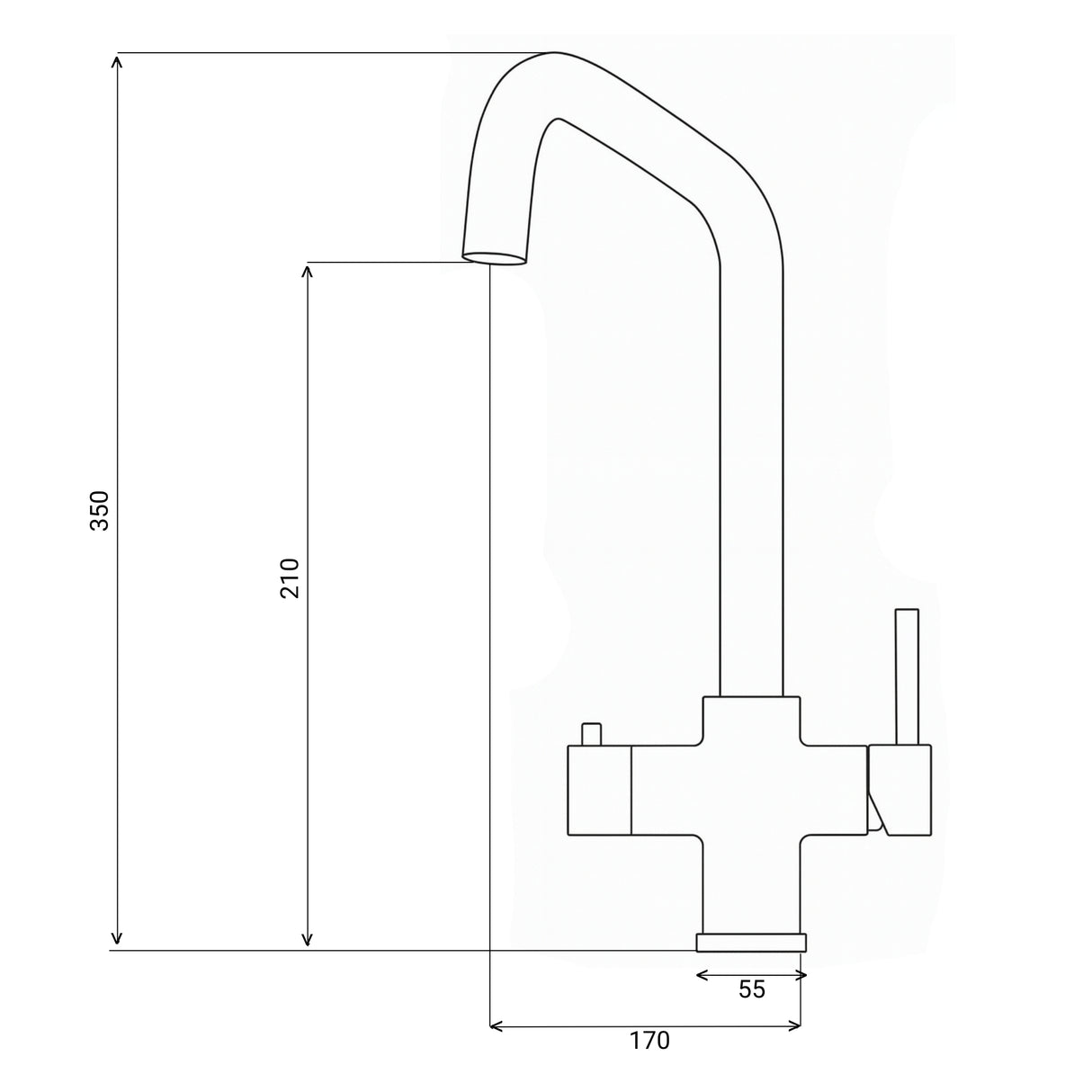 Technical Drawing with Dimensions for INTU Expression 3 in 1 Instant Boiling Water Kitchen Tap