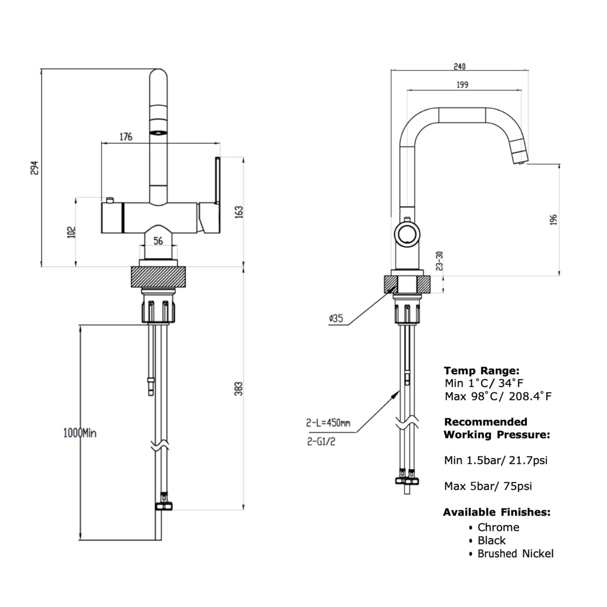 Technical Drawing with Dimensions for Triflow Concepts 3 in 1 Instant Boiling Water Kitchen Tap with Safety Lock