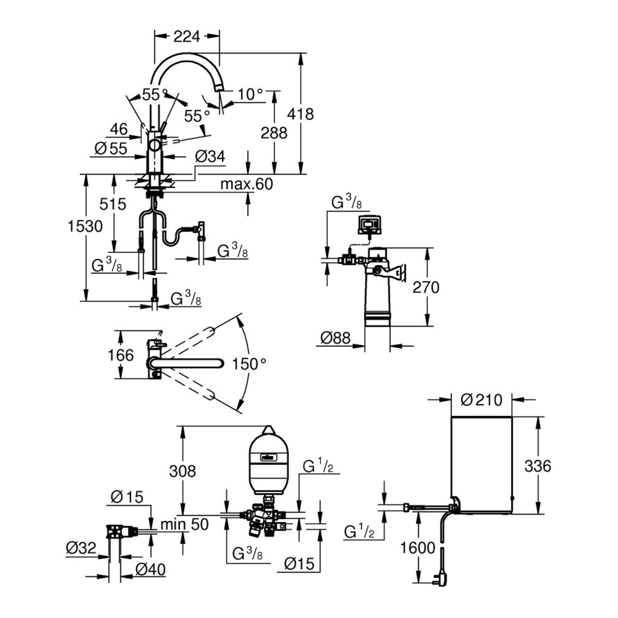 Technical drawing with dimensions for Grohe Red Duo C-Spout 3 Litres Tap with Instant Hot Water and Mixer