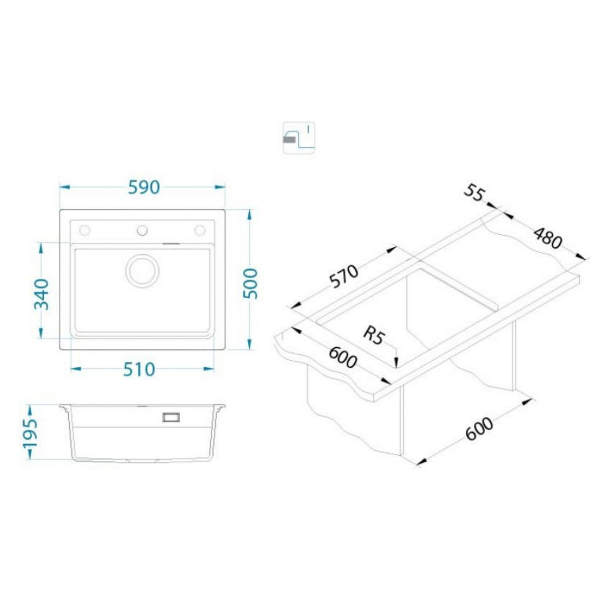 Technical drawing with dimensions for
Alveus Atrox 30 Sink for 600-800mm Cabinet in Single Bowl