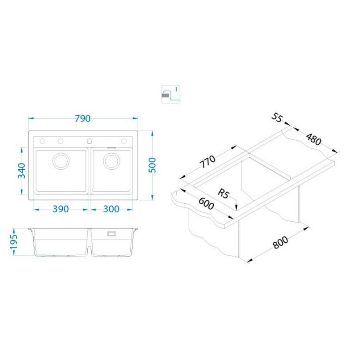 Technical drawing with dimensions for Alveus Atrox 50 Inset Sink for 800-900mm Cabinet in Double Bowl