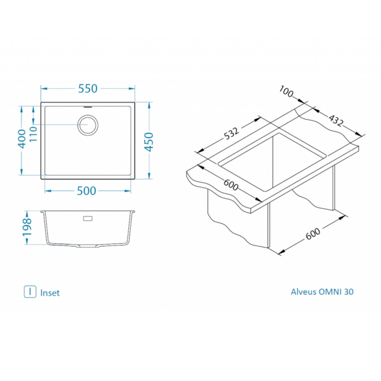 Technical drawing with dimensions for Alveus Omni 30 Inset Sink for 600mm Cabinet in Single Bowl Black