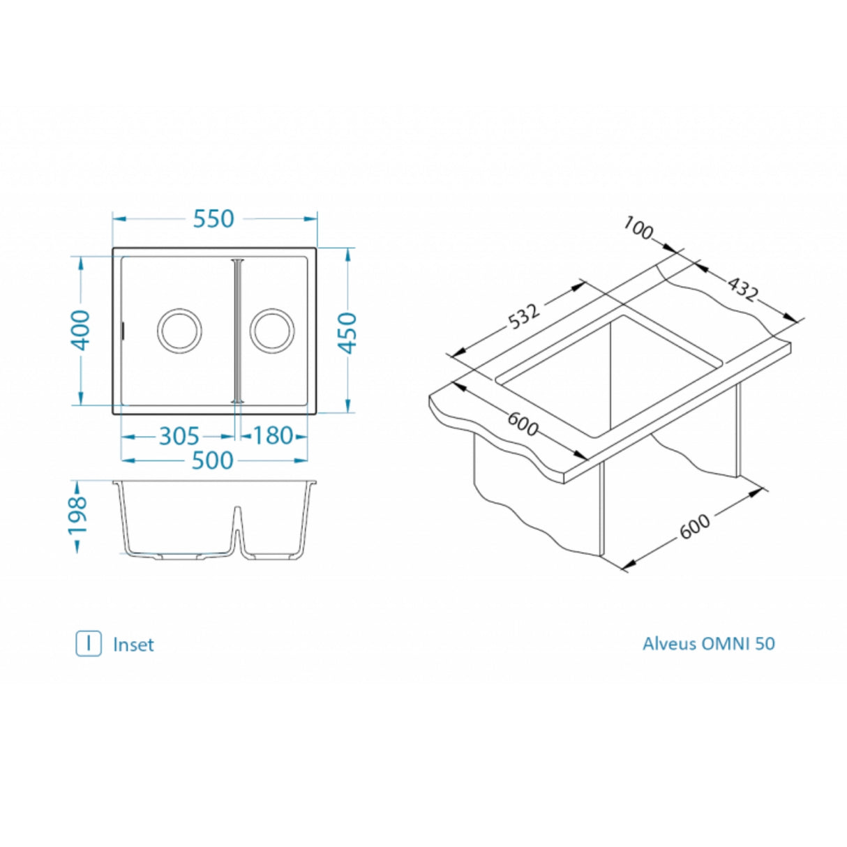 Technical drawing with dimensions for Alveus Omni 50 Undermount Sink for 600mm Cabinet in Single Bowl Single Drainer Black